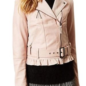 Anthropologie Ruffled Leather Moto Jacket PINK S